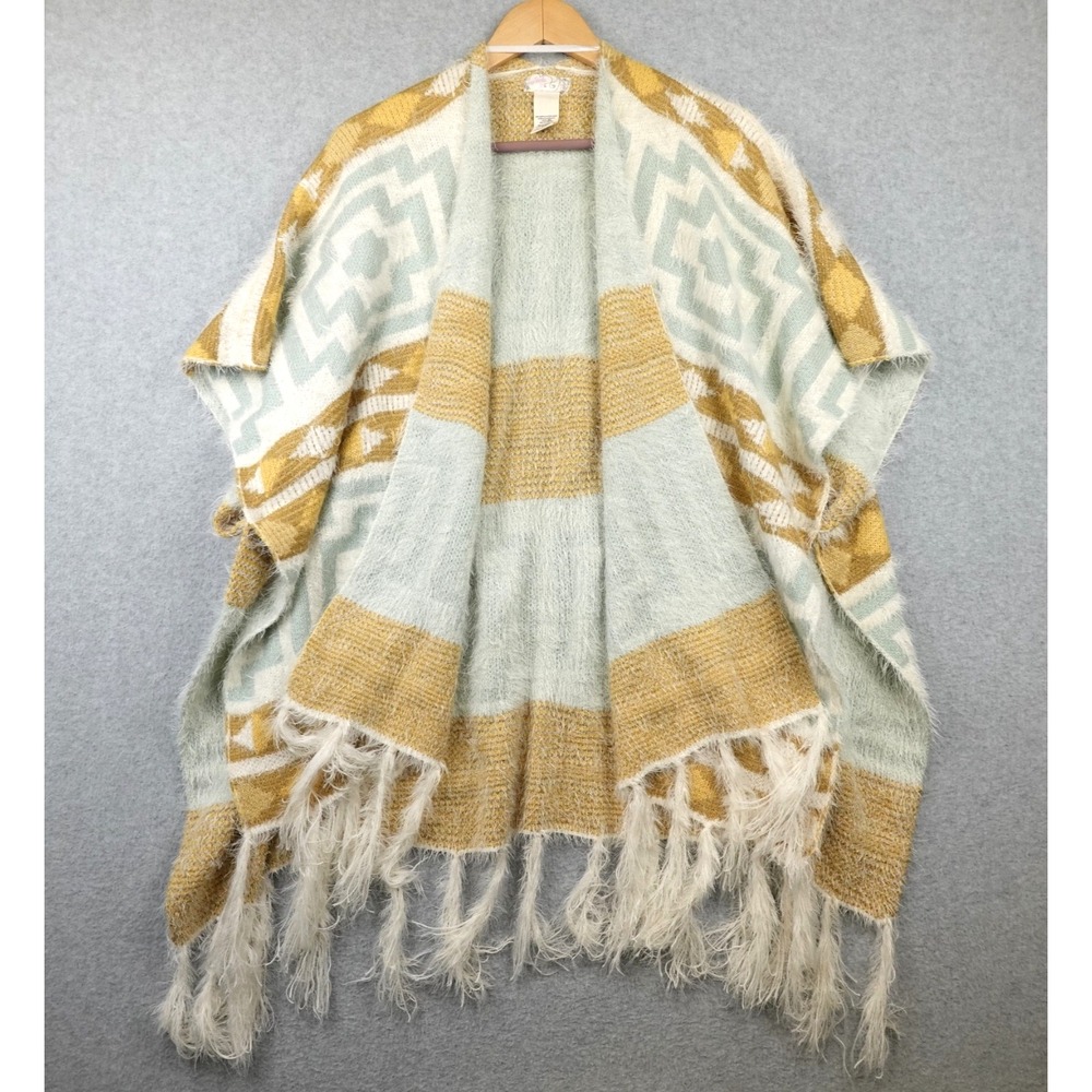 Free People BOHO Diamondback Cozy Poncho Kimono One Size Cream Mustard Fringe